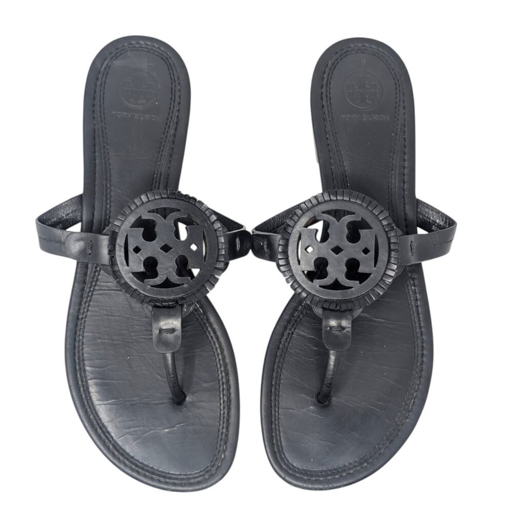 Tory Burch Miller Fringe Sandals‎ Black Size 9 Logo Thong Leather Flat